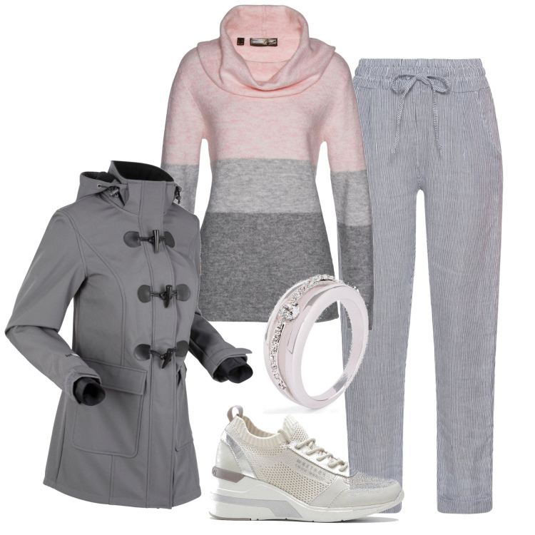 Outfit donna - Sfumature invernali. Stile Casual per Tutti i giorni. Abbinamento con pantaloni, maglieria, anelli, sneakers, montgomery.