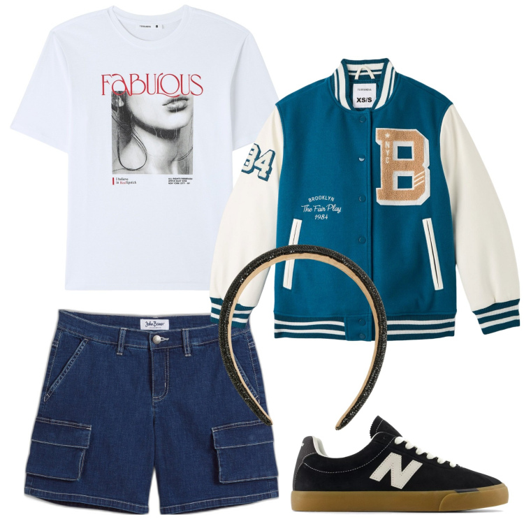 Outfit donna - Harley Queen. Stile Rock per Serata fuori. Abbinamento con shorts, sneakers, t-shirt, bomber, cerchietti.