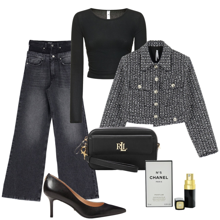 Outfit donna - Sfumature di grigio mix & match. Stile Casual chic per Serata fuori. Abbinamento con profumi, blazer, jeans, pochette, décolleté, top.