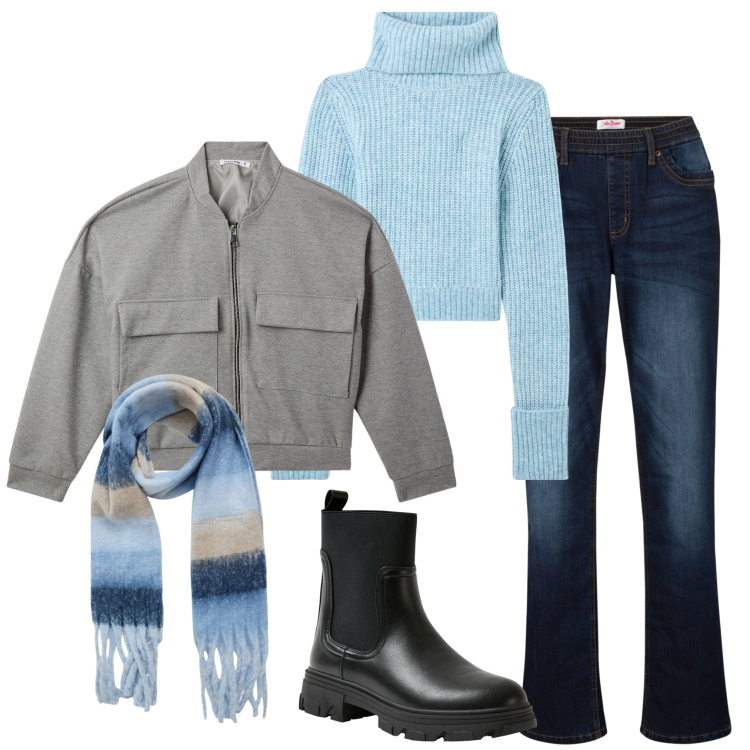 Outfit donna - Total look #1990111. Stile Casual per Scuola/Università. Abbinamento con jeans dritti, sciarpe, maglieria, bomber, stivaletti chelsea.