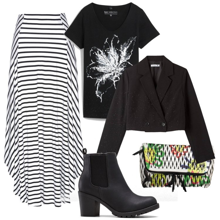 Outfit donna - Righe orizzontali. Stile Casual per Tutti i giorni. Abbinamento con stivaletti, gonne, t-shirt, blazer, borse a mano.