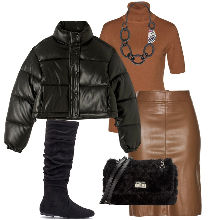 Outfit donna - Pizza con le amiche. Stile Casual chic per Serata fuori. Abbinamento con maglieria, stivali, gonne longuette, piumini, borse a spalla, collane.