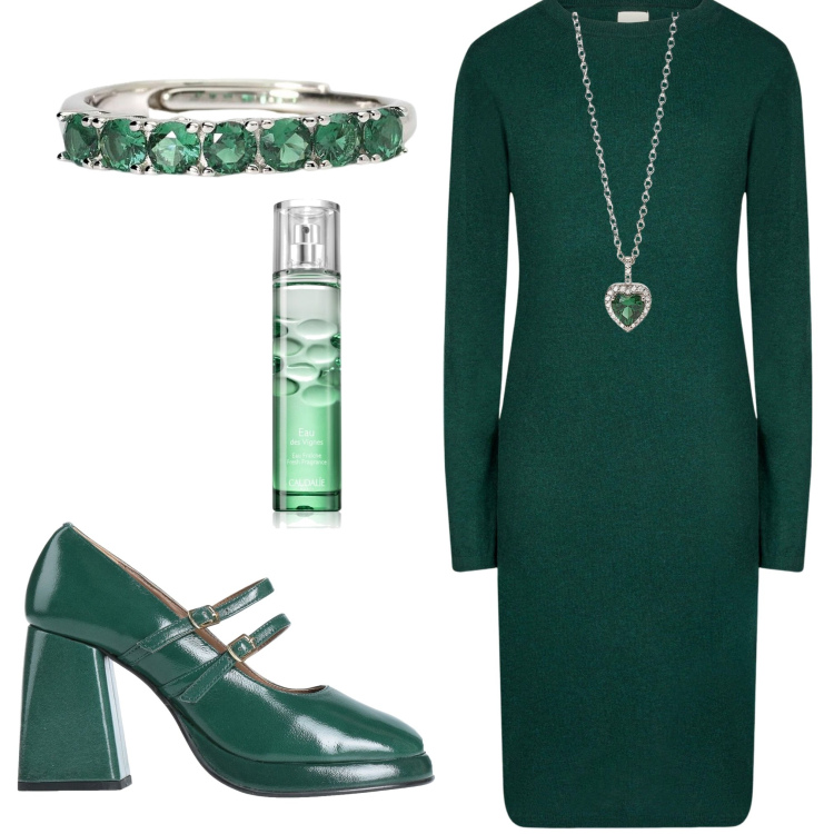 Outfit donna - Serata green. Stile Chic per Serata fuori. Abbinamento con décolleté, profumi, anelli, ciondoli, vestiti midi/longuette.