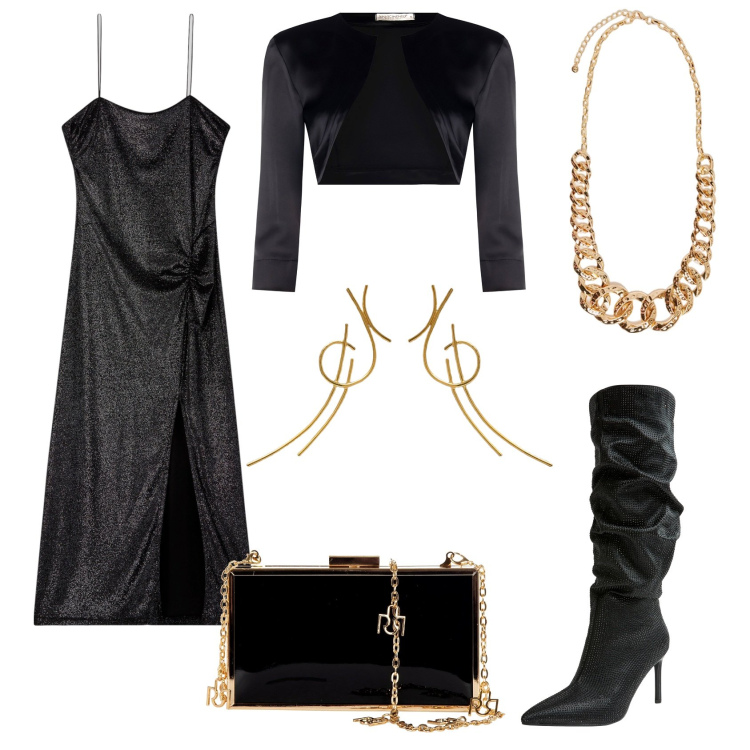 Outfit donna - Strega nera. Stile Chic per Serata fuori. Abbinamento con pochette, bolero, vestiti lunghi, stivali, orecchini, collane.