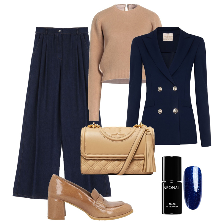 Outfit donna - Cammello e blu. Stile Glamour per Ufficio. Abbinamento con mocassini, pullovers, smalti, blazer, pantaloni, borse a spalla.