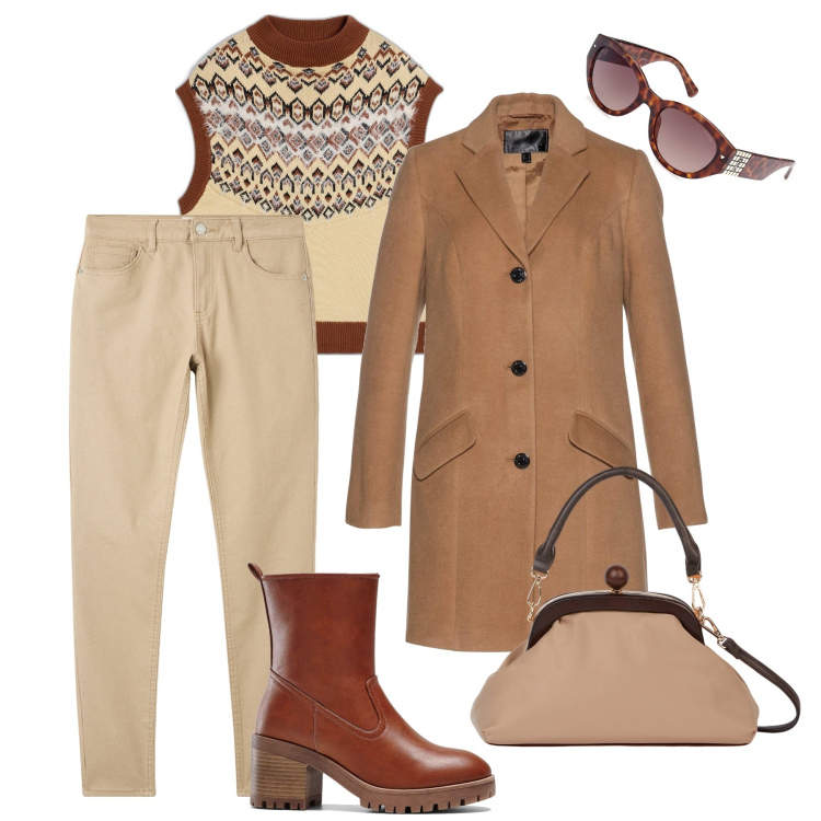 Outfit donna - La borsa vintage e il cappotto caffè. Stile Trendy per Tutti i giorni. Abbinamento con stivaletti, cappotti, maglieria, pantaloni skinny, clutch, occhiali da sole.
