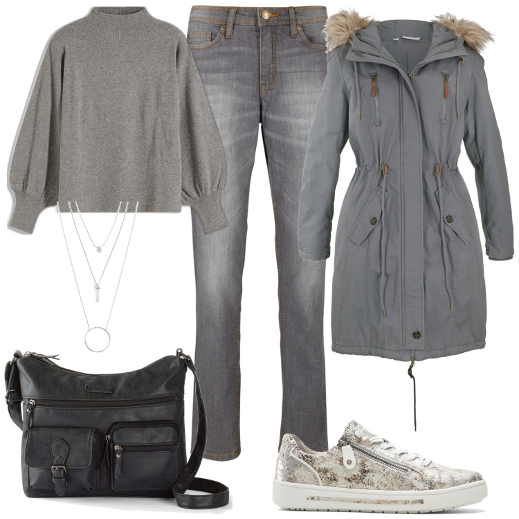 Outfit donna - Sfumature invernali con Bonprix. Stile Casual per Tutti i giorni. Abbinamento con borse a tracolla, ciondoli, jeans mom, maglieria, sneakers, parka.