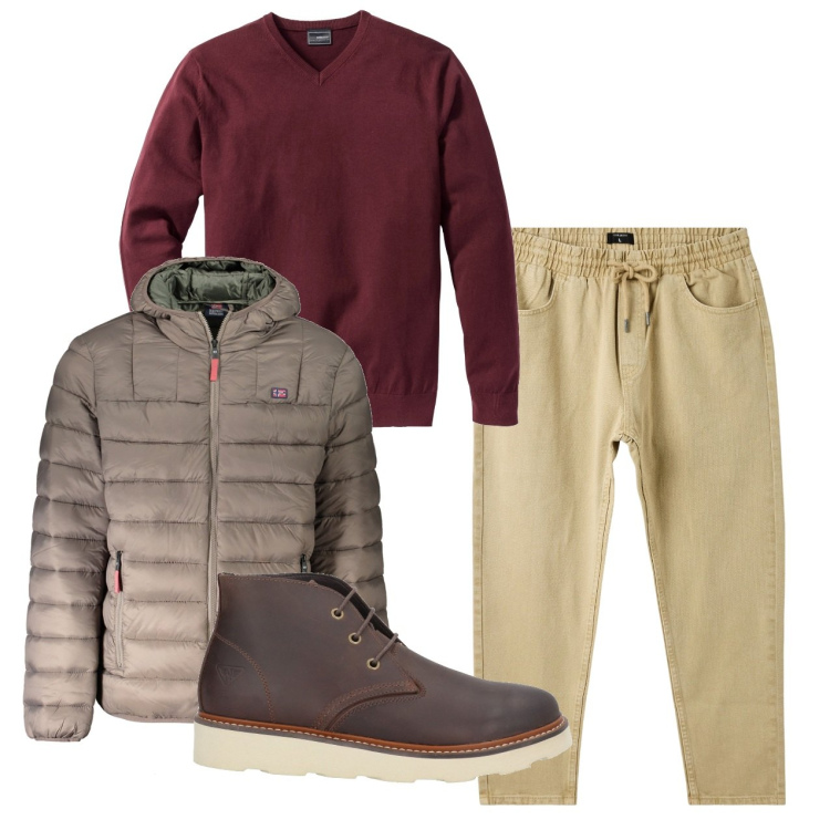 Outfit uomo - Color del vino. Stile Casual per Tutti i giorni. Abbinamento con maglieria, stivali e stivaletti, pantaloni, giacche.