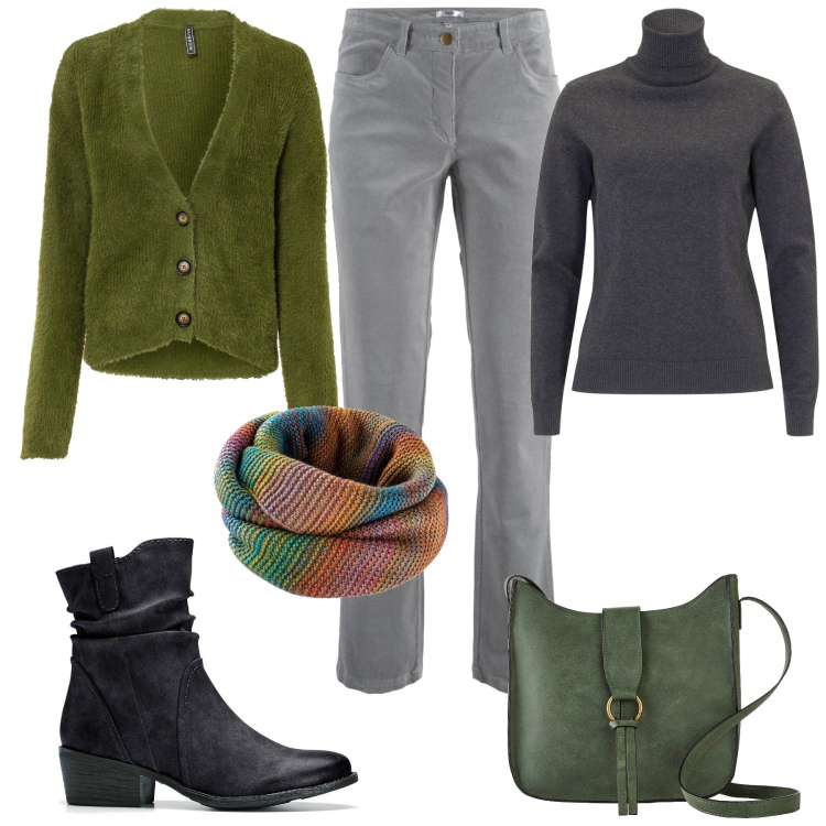 Outfit donna - Bonprix sfumature invernali. Stile Casual per Tutti i giorni. Abbinamento con pantaloni, stivaletti texani, foulard, cardigans, borse a tracolla, maglieria.