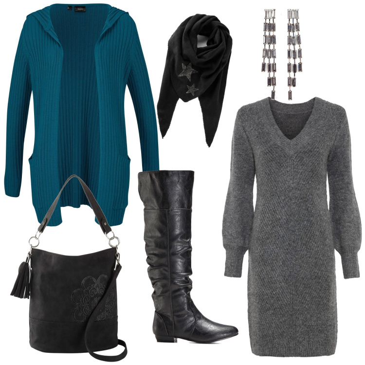 Outfit donna - Sfumature invernali con Bonprix. Stile Glamour per Ufficio. Abbinamento con vestiti, cardigans, borse a mano, stivali sopra il ginocchio, foulard, orecchini.