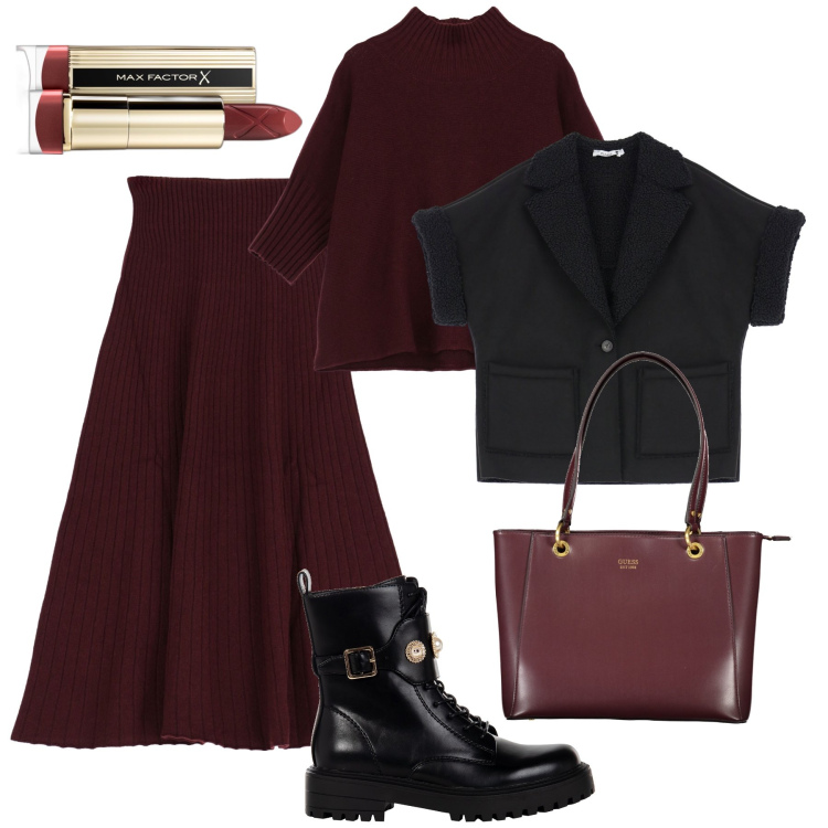 Outfit donna - Il completo in maglia vino borgogna. Stile Casual chic per Tutti i giorni. Abbinamento con rossetti, anfibi, blazer, gonne longuette, maglieria, borse a spalla.