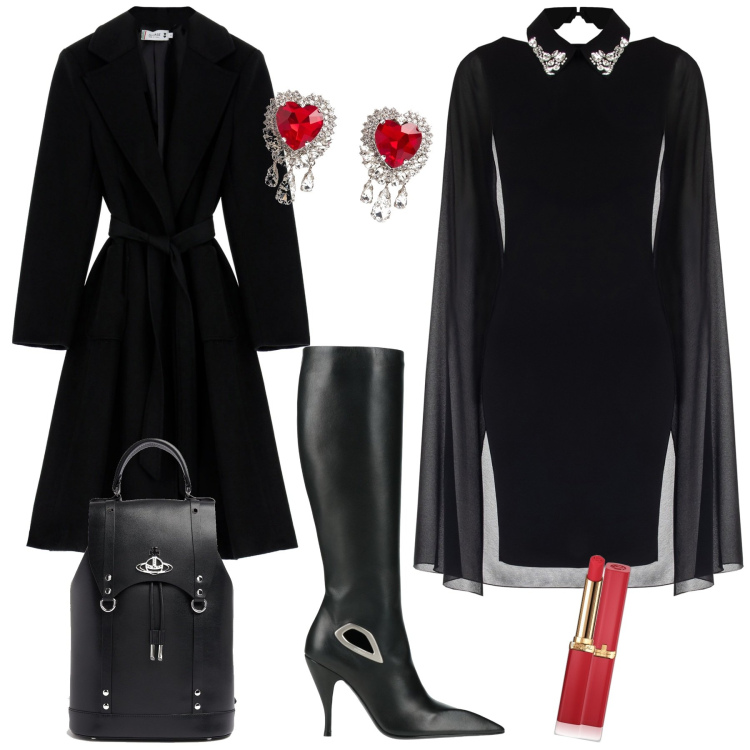 Outfit donna - Dark lady per Halloween. Stile Sexy per Serata fuori. Abbinamento con stivali, rossetti, vestiti a tubino, cappotti, zaini, orecchini.