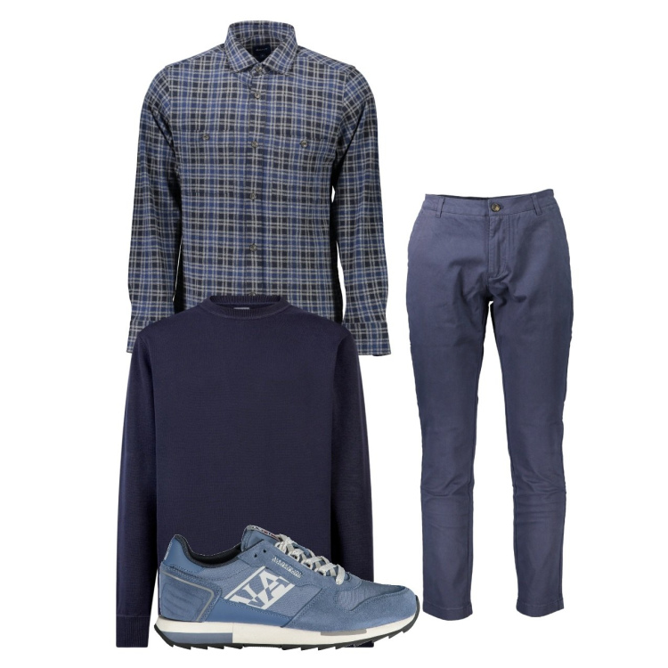 Outfit uomo - Blu ottobre. Stile Casual per Tutti i giorni. Abbinamento con maglieria, camicie, pantaloni, sneakers.
