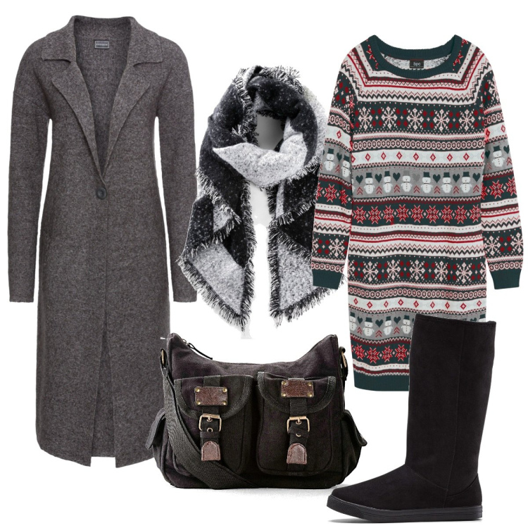Outfit donna - Grigio casual. Stile Casual per Tutti i giorni. Abbinamento con sciarpe, vestiti, cappotti, stivali, borse a tracolla.