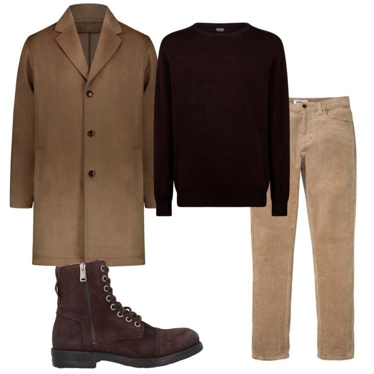 Outfit uomo - Caffè. Stile Urban per Tutti i giorni. Abbinamento con pantaloni, stivali e stivaletti, maglieria, cappotti.