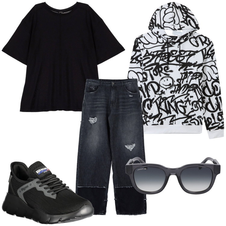 Outfit uomo - Total look #1990193. Stile Urban per Tutti i giorni. Abbinamento con felpe con cappuccio, t-shirt, jeans, occhiali da sole, sneakers.