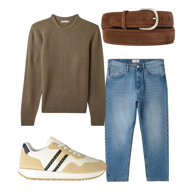 Outfit uomo - In giro. Stile Casual per Tutti i giorni. Abbinamento con jeans, maglieria, cinture, sneakers.