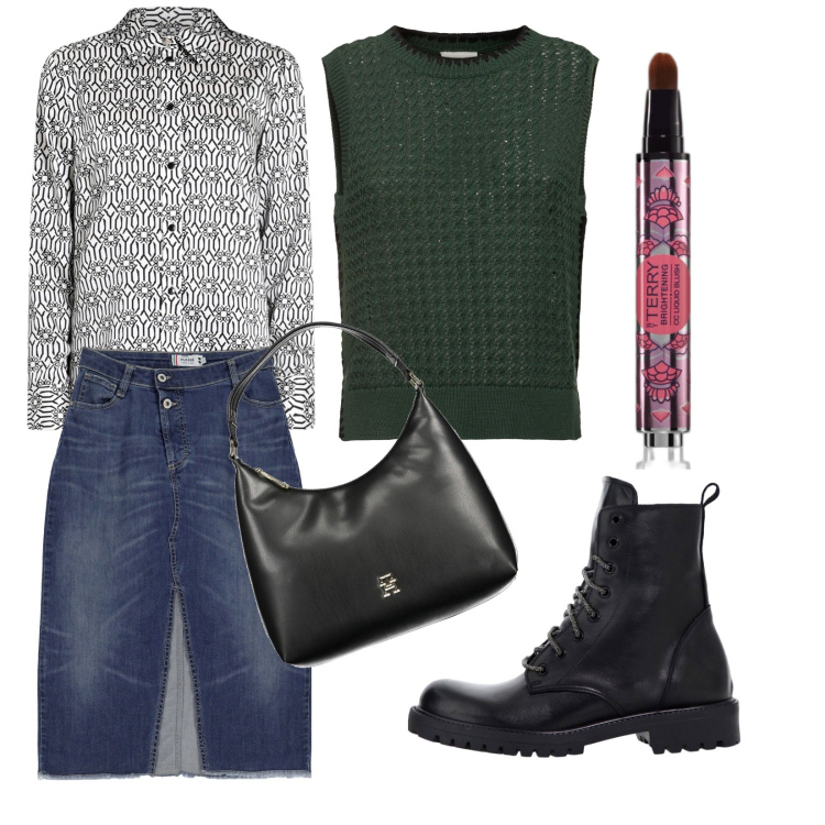 Outfit donna - Total look #1990203. Stile Trendy per Tutti i giorni. Abbinamento con blush, camicie, gonne, stivaletti, maglieria, borse a spalla.