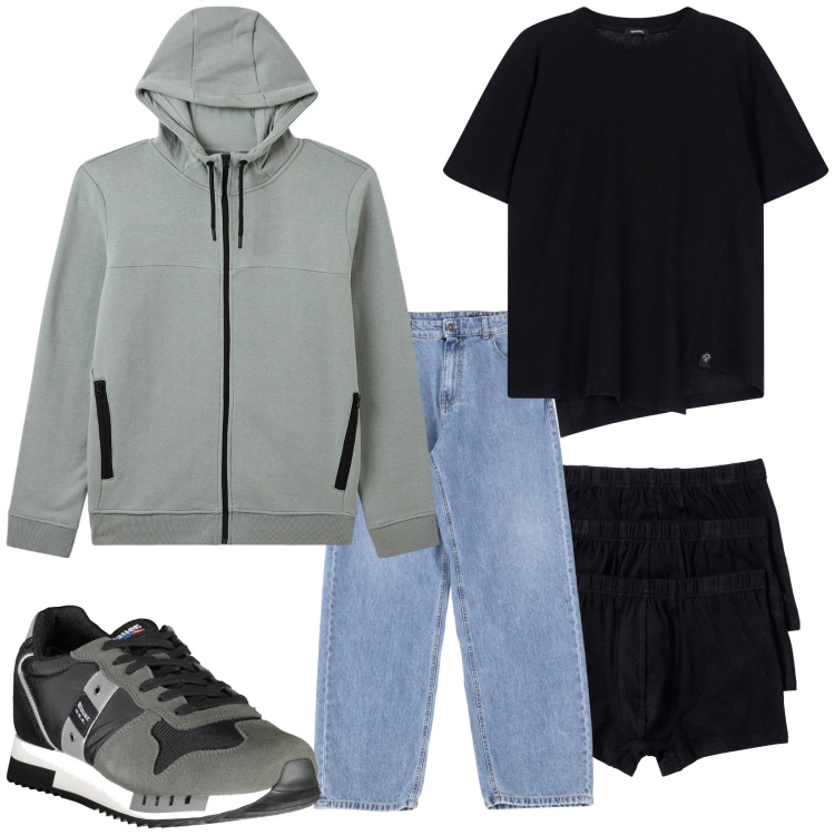 Outfit uomo - Total look #1990210. Stile Urban per Tutti i giorni. Abbinamento con boxer, felpe sportive, jeans, t-shirt, sneakers.