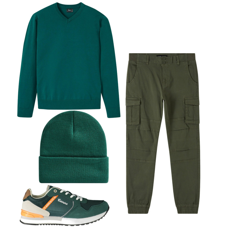 Outfit uomo - Verde acceso. Stile Casual per Tutti i giorni. Abbinamento con maglieria, pantaloni cargo, berretti, sneakers.