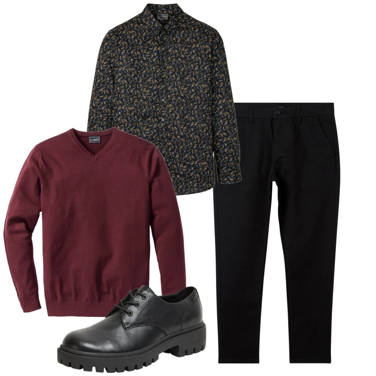 Outfit uomo - Una camicia particolare. Stile Trendy per Serata speciale. Abbinamento con maglieria, camicie, scarpe stringate, pantaloni chino.