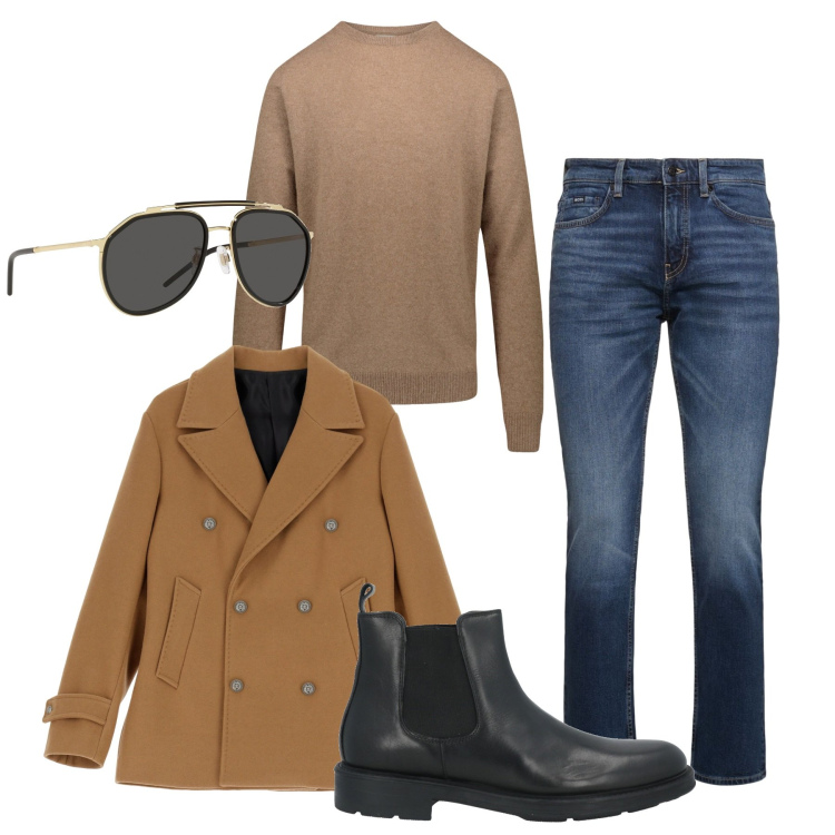 Outfit uomo - Un giorno di sole. Stile Casual per Tutti i giorni. Abbinamento con stivali e stivaletti, occhiali da sole, giacche, maglieria, jeans.