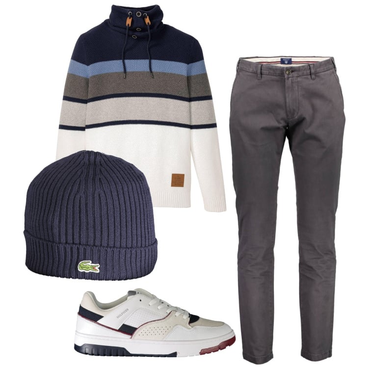 Outfit uomo - Ottobre. Stile Casual per Tutti i giorni. Abbinamento con maglieria, pantaloni, berretti, sneakers.