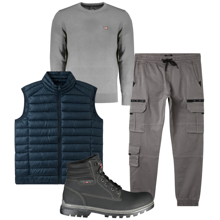 Outfit uomo - Urban mix. Stile Urban per Tutti i giorni. Abbinamento con pantaloni cargo, gilet, maglieria, stivali.