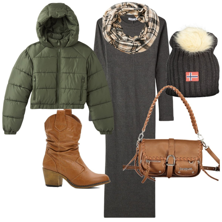 Outfit donna - Caldo e comodo. Stile Basic per Tutti i giorni. Abbinamento con stivaletti texani, vestiti lunghi, sciarpe, blazer, borse a spalla, berretti.