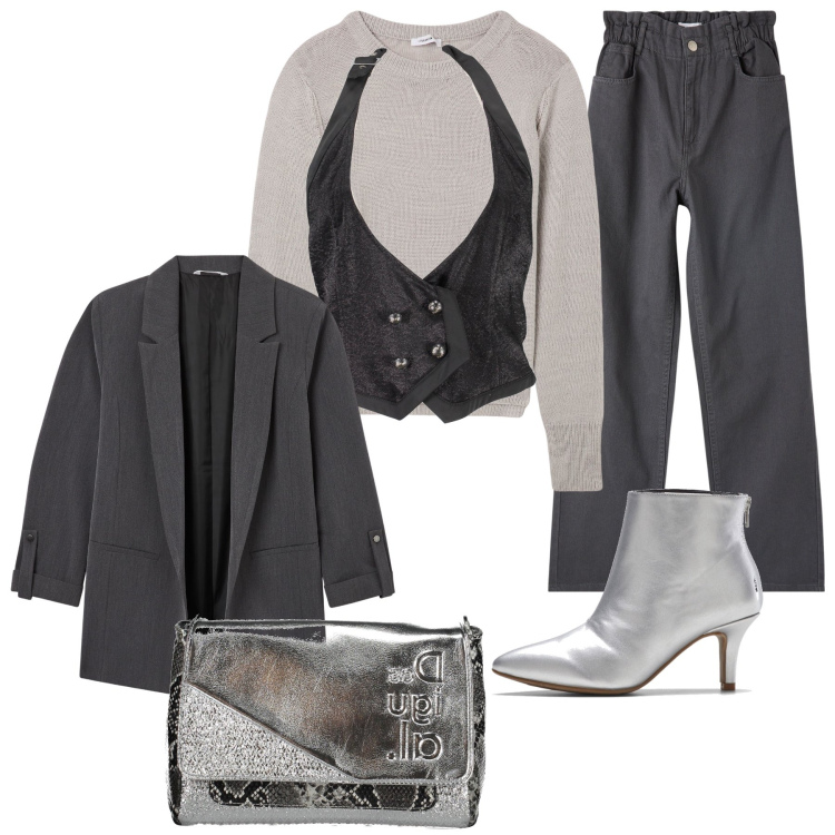 Outfit donna - Total look #1990233. Stile Glamour per Serata fuori. Abbinamento con stivaletti, blazer, pantaloni, maglieria, gilet, borse a spalla.