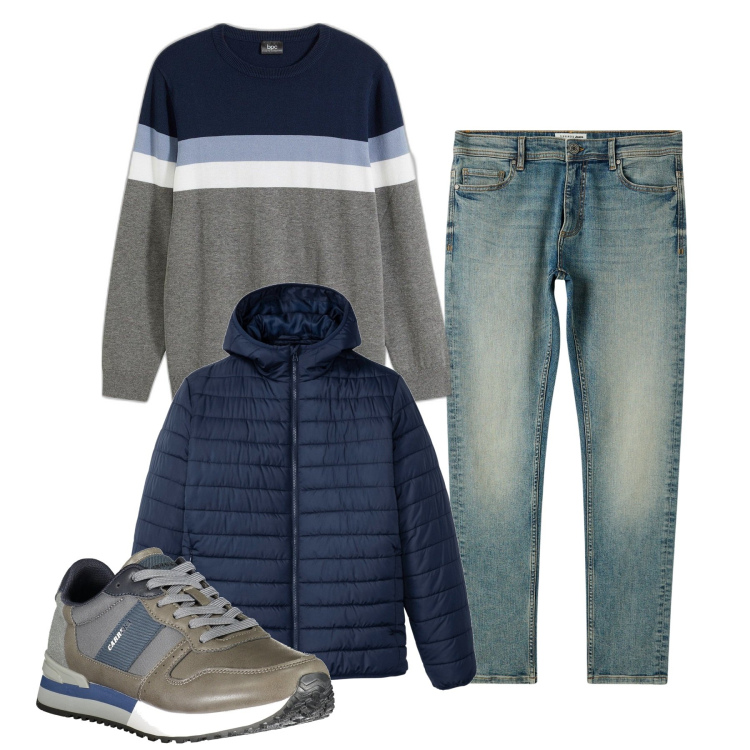 Outfit uomo - In città. Stile Casual per Tutti i giorni. Abbinamento con maglieria, giacche, jeans skinny, sneakers.