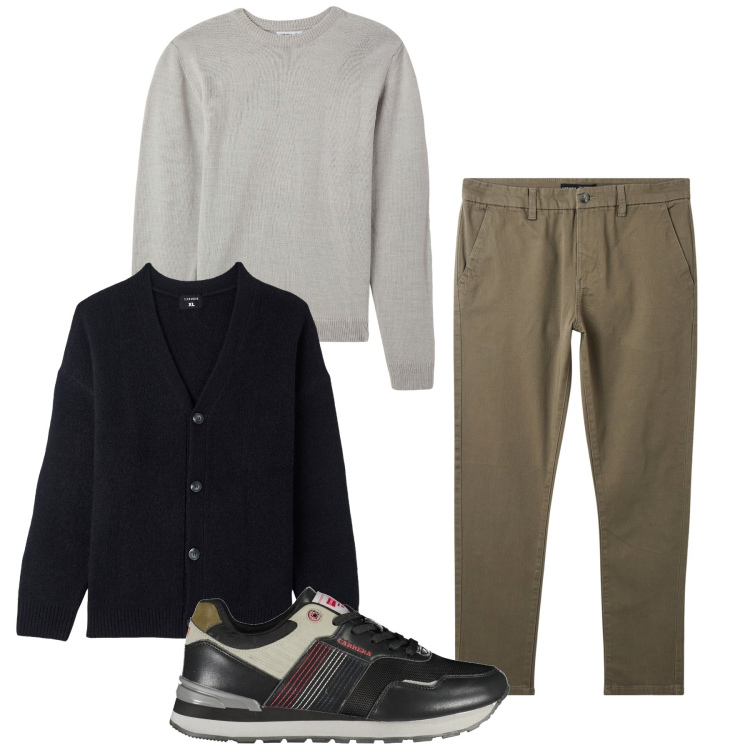 Outfit uomo - Doppio pullover. Stile Trendy per Tutti i giorni. Abbinamento con pantaloni chino, cardigans, maglieria, sneakers.