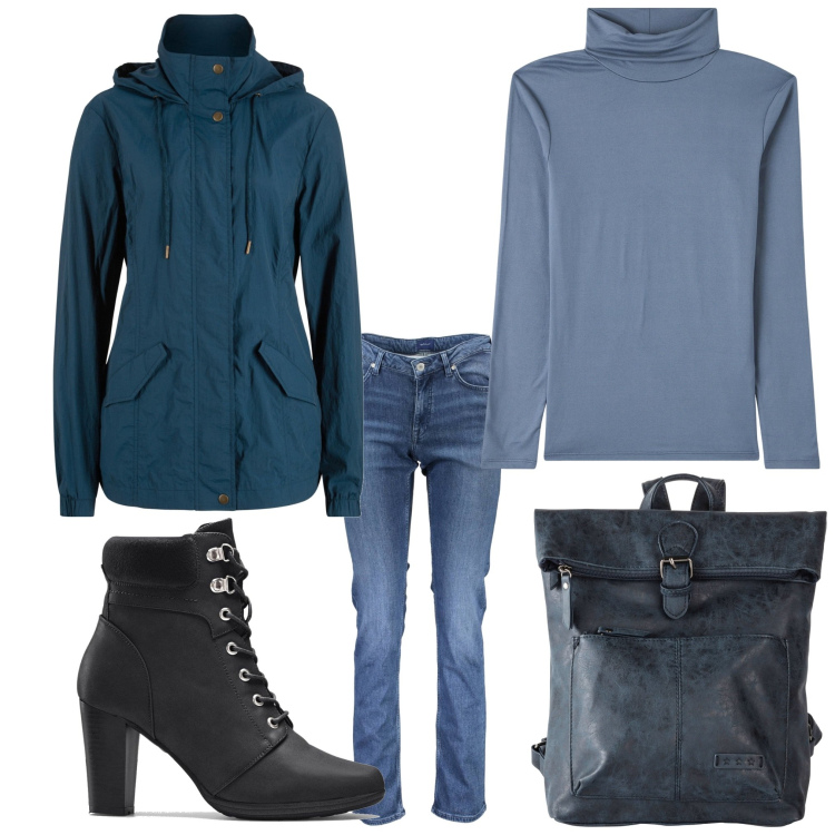 Outfit donna - Tutti i giorni. Stile Basic per Tutti i giorni. Abbinamento con stivaletti, blazer, zaini, maglieria, jeans.