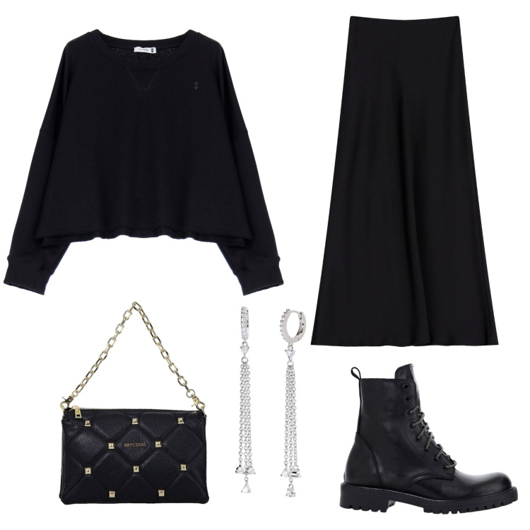 Outfit donna - Gonna lunga nera. Stile Glamour per Tutti i giorni. Abbinamento con orecchini, felpe, gonne lunghe, stivaletti, borse a spalla.