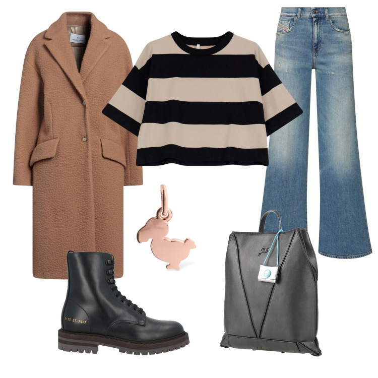 Outfit donna - Cappotto cammello. Stile Casual Abbinamento con zaini, anfibi, cappotti, t-shirt, jeans, ciondoli.