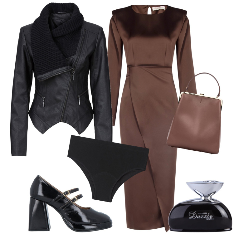 Outfit donna - Black and brown. Stile Glamour per Serata fuori. Abbinamento con blazer, décolleté, profumi, culotte, vestiti midi/longuette, borse a spalla.