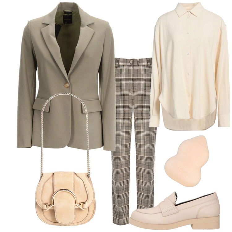 Outfit donna - Total look #1990323. Stile Bon Ton per Ufficio. Abbinamento con marsupi, mocassini, camicie, fondotinta, pantaloni, blazer.