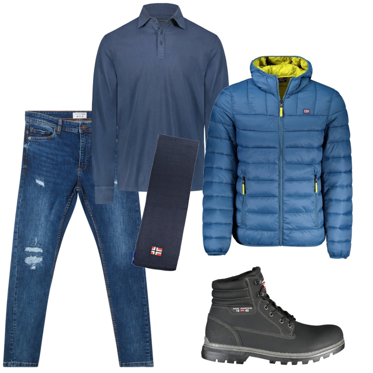 Outfit uomo - Jeans e polo. Stile Trendy per Tutti i giorni. Abbinamento con jeans strappati, polo, giacche, stivali, sciarpe.