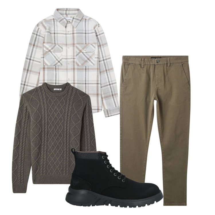 Outfit uomo - A quadri. Stile Casual per Tutti i giorni. Abbinamento con stivali e stivaletti, pantaloni chino, cappotti, maglieria.