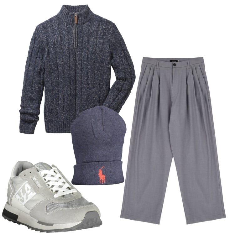 Outfit uomo - Grigio. Stile Trendy per Tutti i giorni. Abbinamento con maglieria, pantaloni, sneakers, berretti.