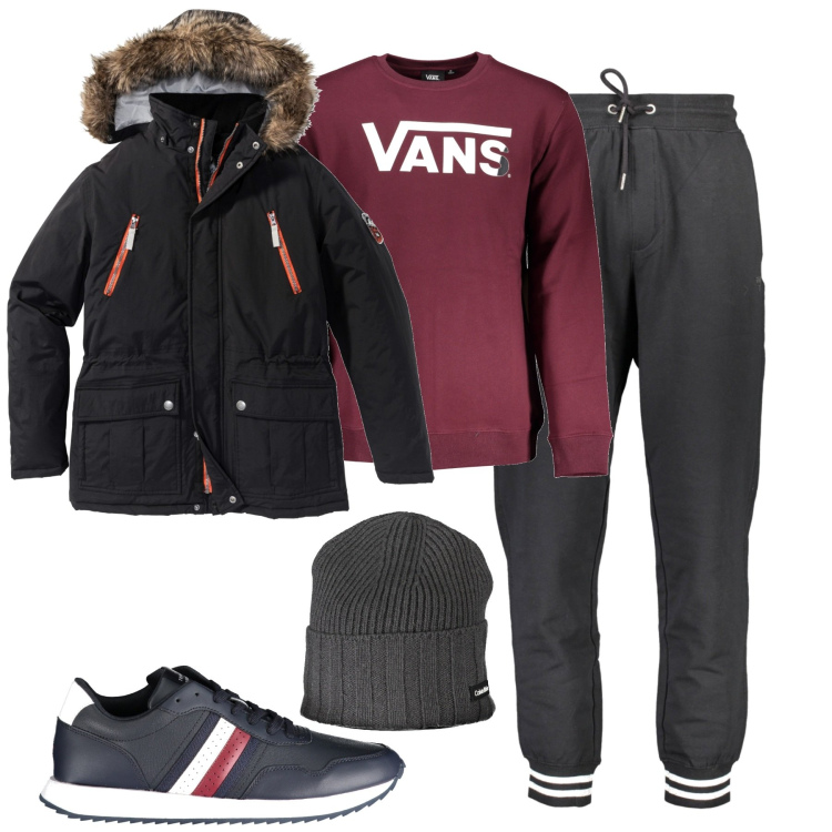 Outfit uomo - City. Stile Casual per Tutti i giorni. Abbinamento con parka, felpe, pantaloni, sneakers, berretti.