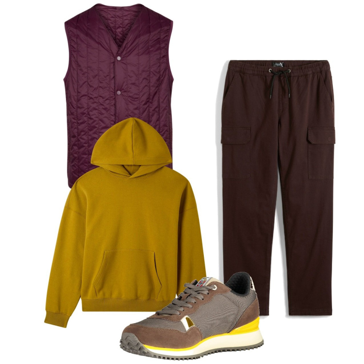 Outfit uomo - Senape. Stile Urban per Tutti i giorni. Abbinamento con pantaloni cargo, felpe con cappuccio, piumini, sneakers.