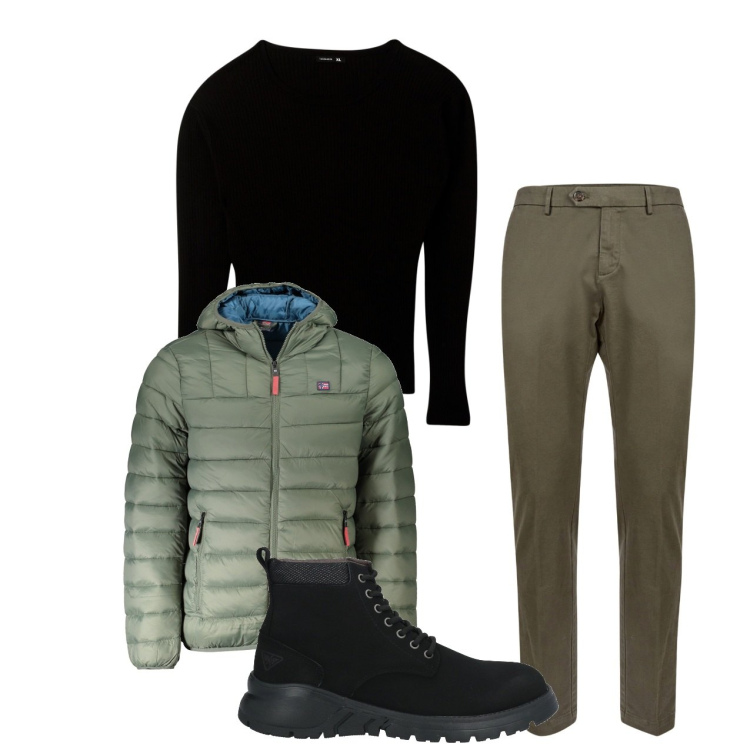 Outfit uomo - Piumino. Stile Urban per Tutti i giorni. Abbinamento con stivali e stivaletti, maglieria, pantaloni chino, giacche.