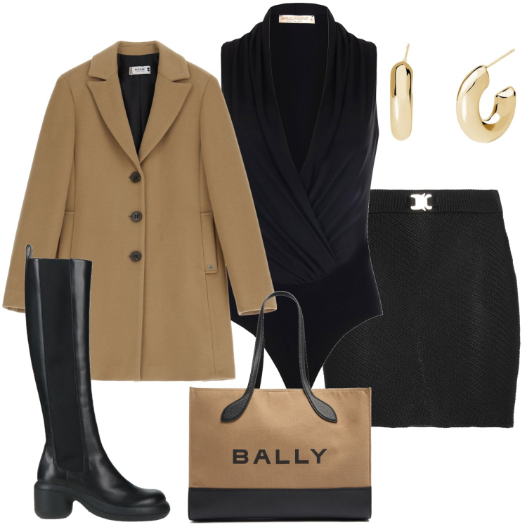 Outfit donna - Nero e marrone. Stile Casual chic per Serata fuori. Abbinamento con minigonne, stivali, orecchini, cappotti, body, borse a spalla.
