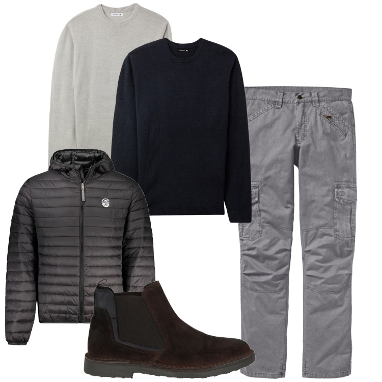 Outfit uomo - Oggi. Stile Urban per Tutti i giorni. Abbinamento con pantaloni cargo, stivali e stivaletti, maglieria, giacche.