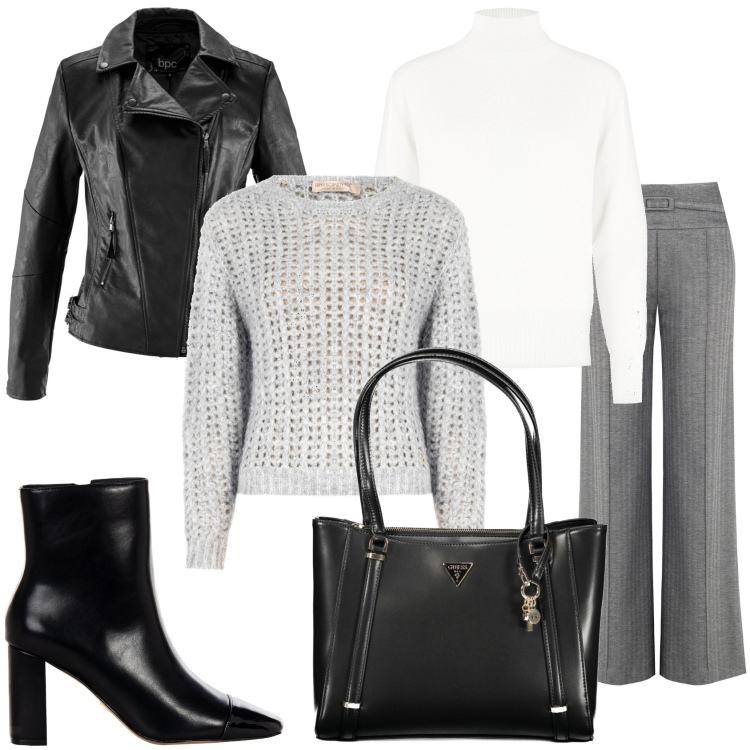 Outfit donna - Inizio di una giornata. Stile Glamour per Tutti i giorni. Abbinamento con blazer, maglieria, pantaloni a palazzo, maglieria, stivaletti, borse a spalla.