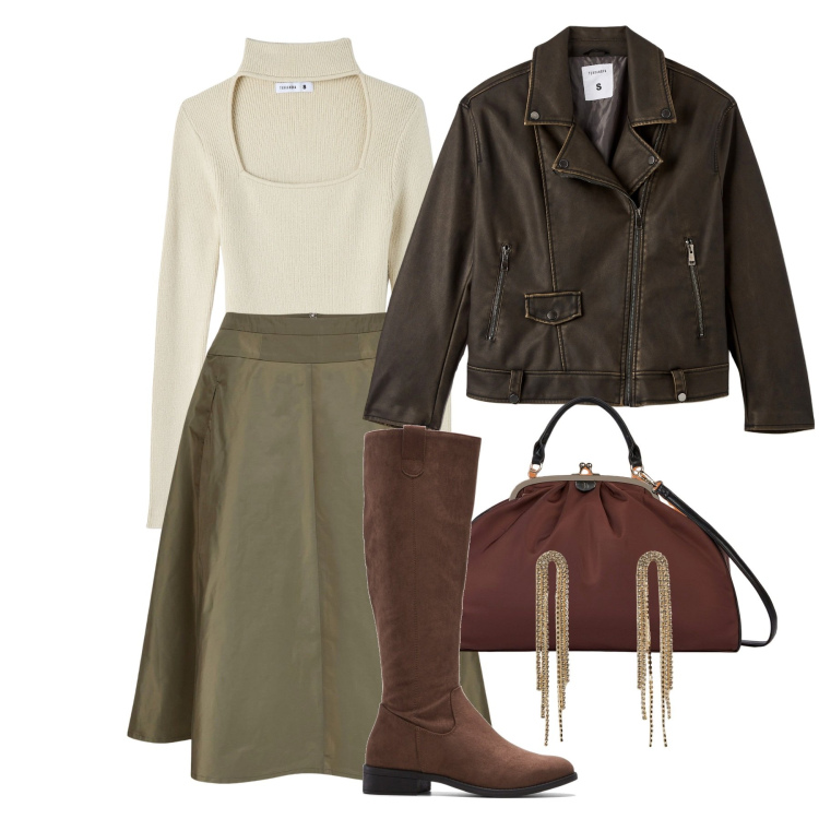 Outfit donna - Principessa in biker. Stile Urban per Tutti i giorni. Abbinamento con stivali, maglieria, orecchini, giacche, gonne, borse a spalla.