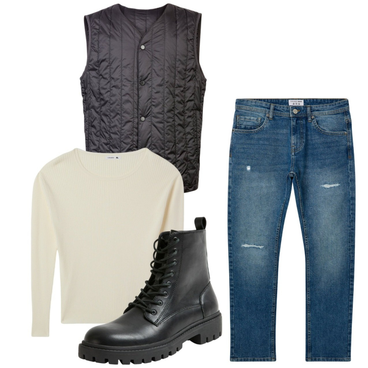 Outfit uomo - Urban style. Stile Urban per Tutti i giorni. Abbinamento con maglieria, anfibi, jeans strappati, piumini.