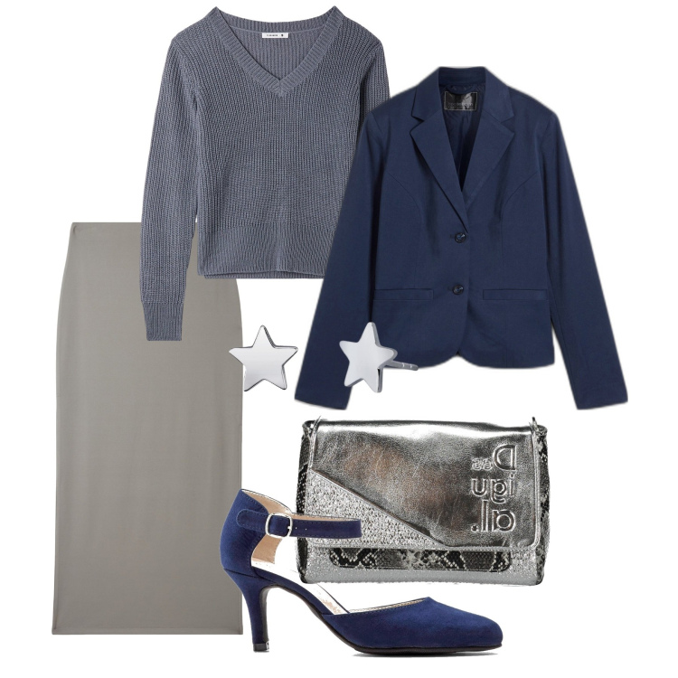 Outfit donna - Con garbo. Stile Chic per Ufficio. Abbinamento con décolleté, blazer, gonne lunghe, maglieria, orecchini, borse a spalla.