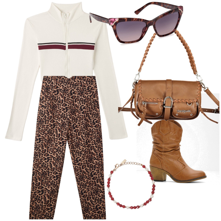 Outfit donna - Il pantalone animalier. Stile Trendy per Tutti i giorni. Abbinamento con stivaletti texani, t-shirt, pantaloni chino, braccialetti, occhiali da sole, borse a spalla.